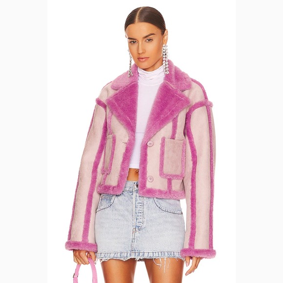 OW Collection Berlin Jacket Small Lavender Pink Faux Fur Suede Trim Cropped Coat - Picture 1 of 8